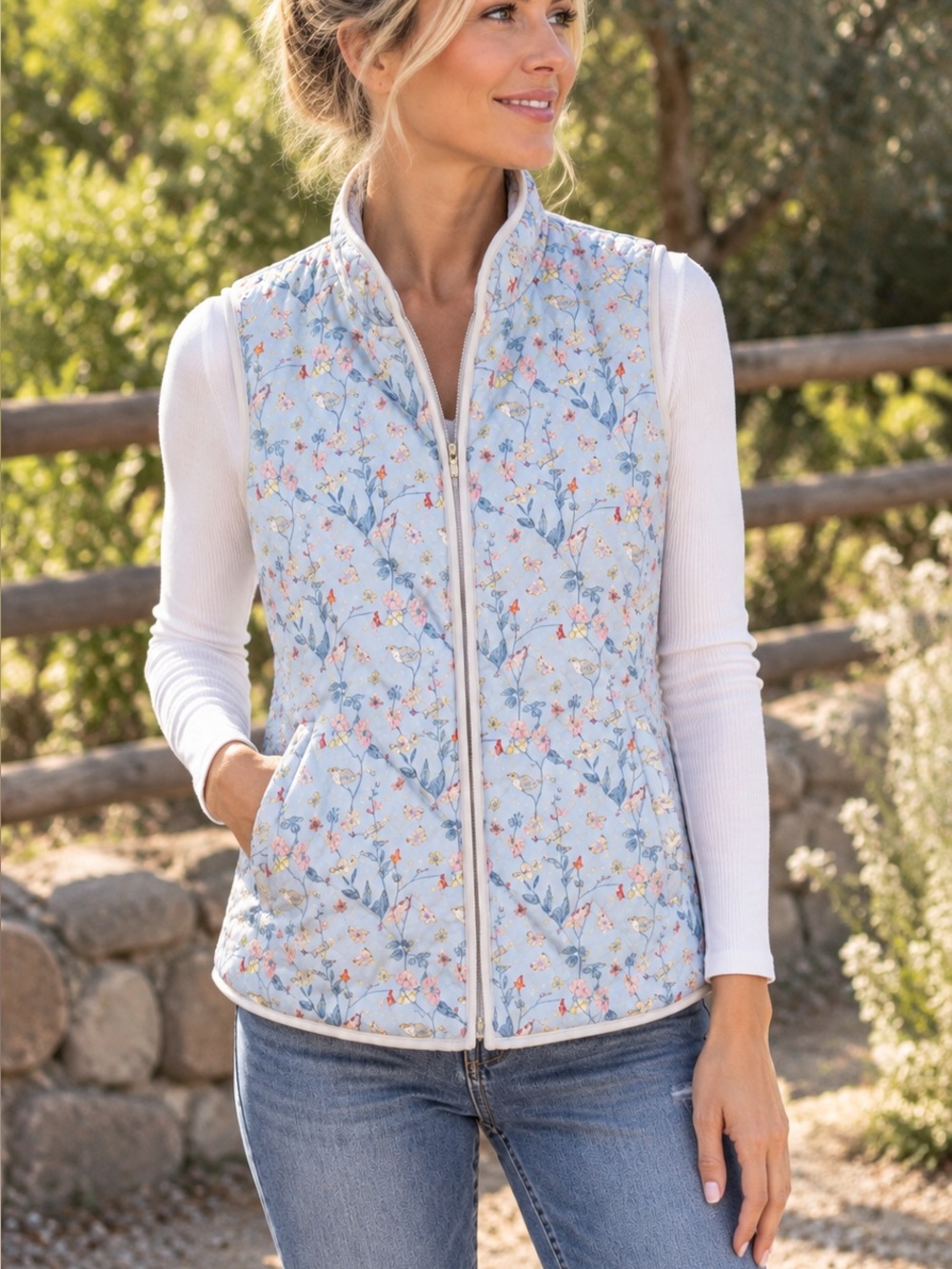 Coldwater Creek Floral Quilted Vest Blue Cottagecore Petite Small